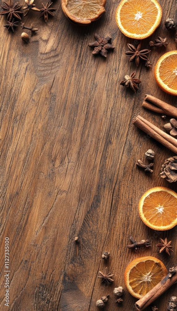 A rustic wooden surface adorned with dried orange slices and various spices. A rustic wooden surface adorned with dried orange slices and various spices.