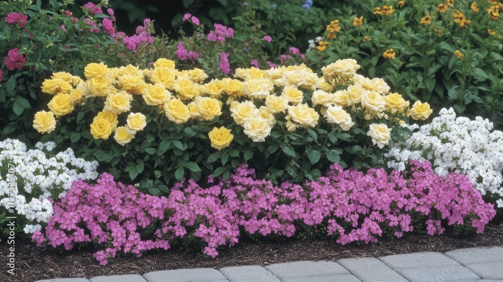 Obraz premium Vibrant flower bed showcasing yellow roses pink phlox and white phlox creating a colorful landscape display in a garden setting