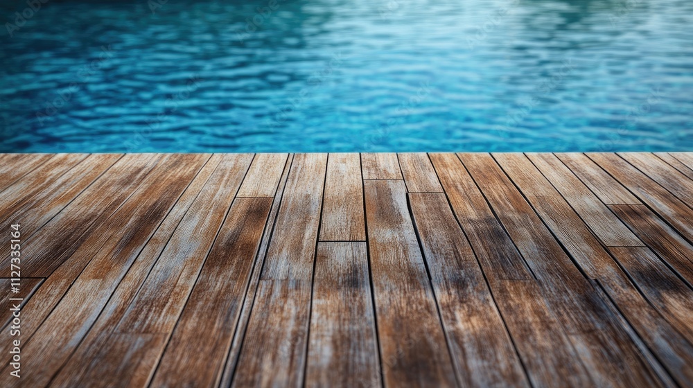 Modern Wooden Deck Overlooking Serene Swimming Pool With Clear Blue Water