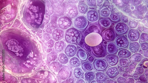 Microscopic view of plant cell ovary and ovule with high magnification revealing intricate cellular structures and vibrant colors