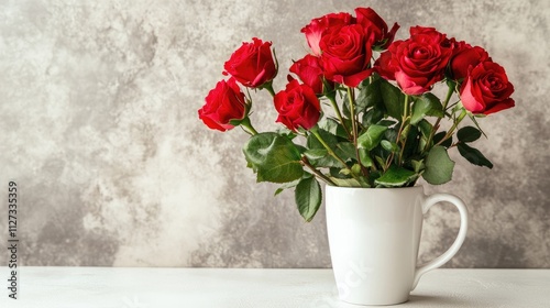 Wallpaper Mural White mug mockup featuring a vibrant bouquet of red roses on a minimalistic white table with a textured gray background. Torontodigital.ca