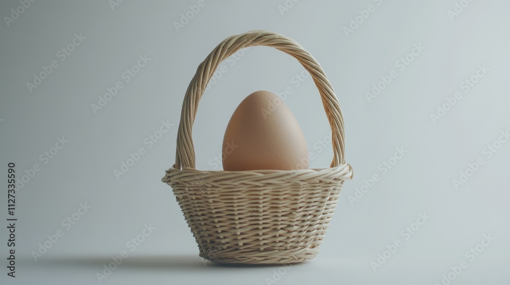 Egg nestled in a traditional woven basket on a minimalistic white background highlighting simplicity and elegance in food presentation Egg nestled in a traditional woven basket on a minimalistic white background highlighting simplicity and elegance in food presentation