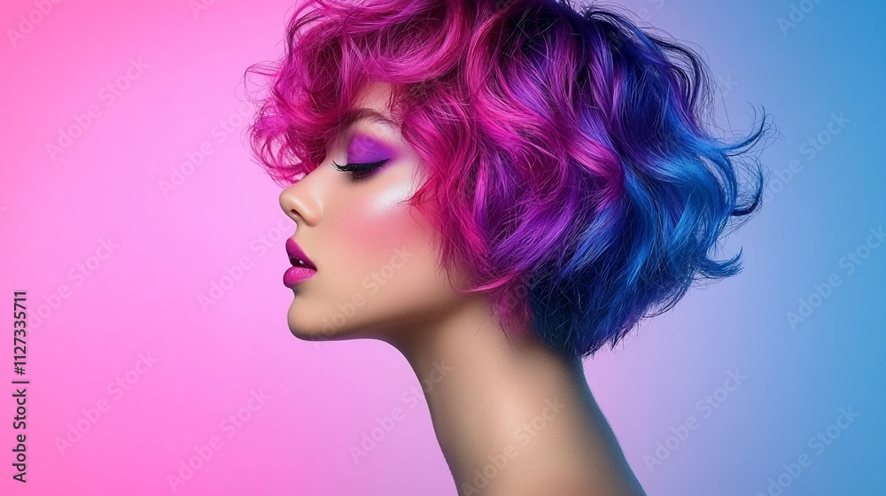 Woman with pink and blue short curly hair in profile. Woman with pink and blue short curly hair in profile.