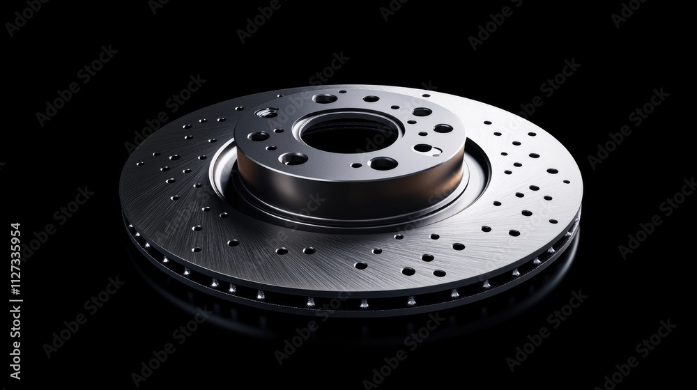 Disk brake component close-up for automotive maintenance showcasing brake pad replacement and car service DIY concept on black background Disk brake component close-up for automotive maintenance showcasing brake pad replacement and car service DIY concept on black background