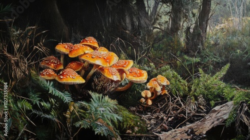 Vibrant fungi clusters thriving in the lush Tasmanian bush showcasing nature's unique biodiversity and ecological beauty photo