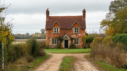 Charming vintage brick house in rural landscape surrounded by overgrown foliage and a scenic pathway leading to the entrance.