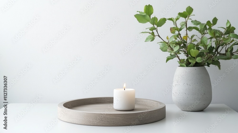 Minimalistic Scandinavian interior with round wooden tray concrete candleholder and greenery on a desk against a white wall backdrop. Minimalistic Scandinavian interior with round wooden tray concrete candleholder and greenery on a desk against a white wall backdrop.