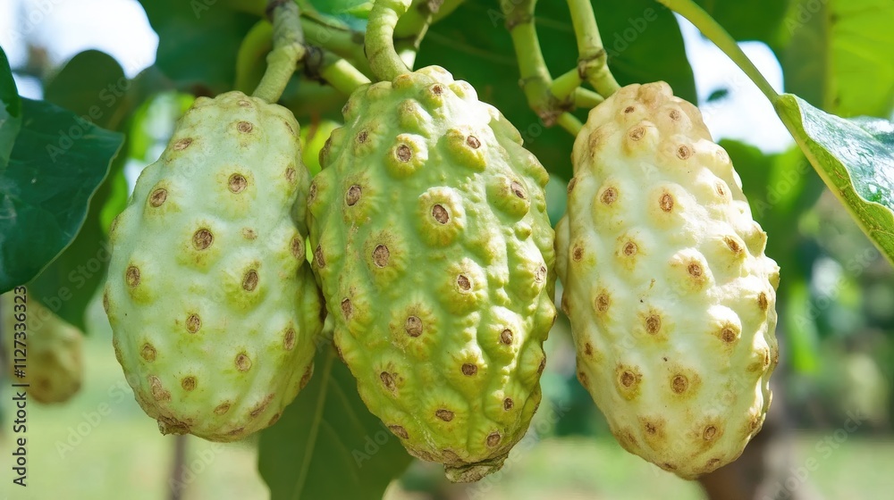 Noni fruit developing on the tree showcasing its unique texture and color before reaching full ripeness. Noni fruit developing on the tree showcasing its unique texture and color before reaching full ripeness.