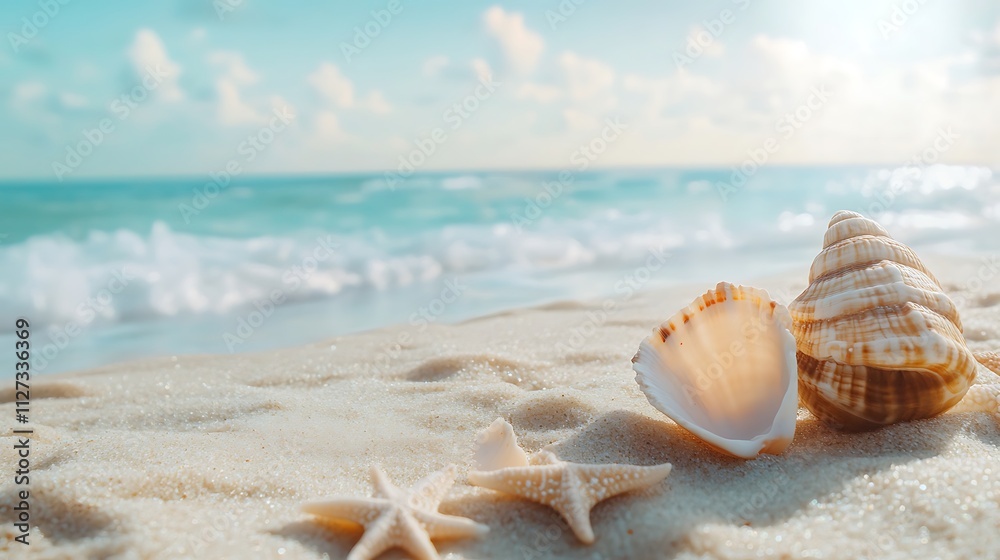 Seashells and starfish on a sandy beach by the ocean. Seashells and starfish on a sandy beach by the ocean.