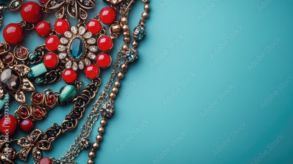 Naklejka premium Trendy vintage jewelry collection featuring vibrant necklaces and accessories on a blue background showcasing fashion elegance.