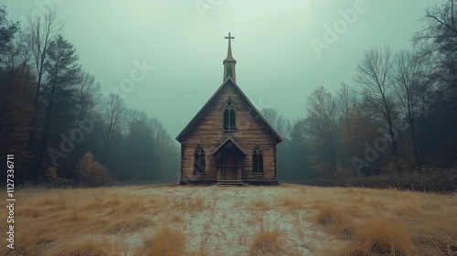 Mysterious abandoned church amid foggy forest landscape for halloween and eerie design