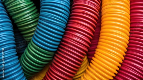 Colorful plastic spiral hoses arranged in a textured closeup creating a vibrant and modern background for design projects.