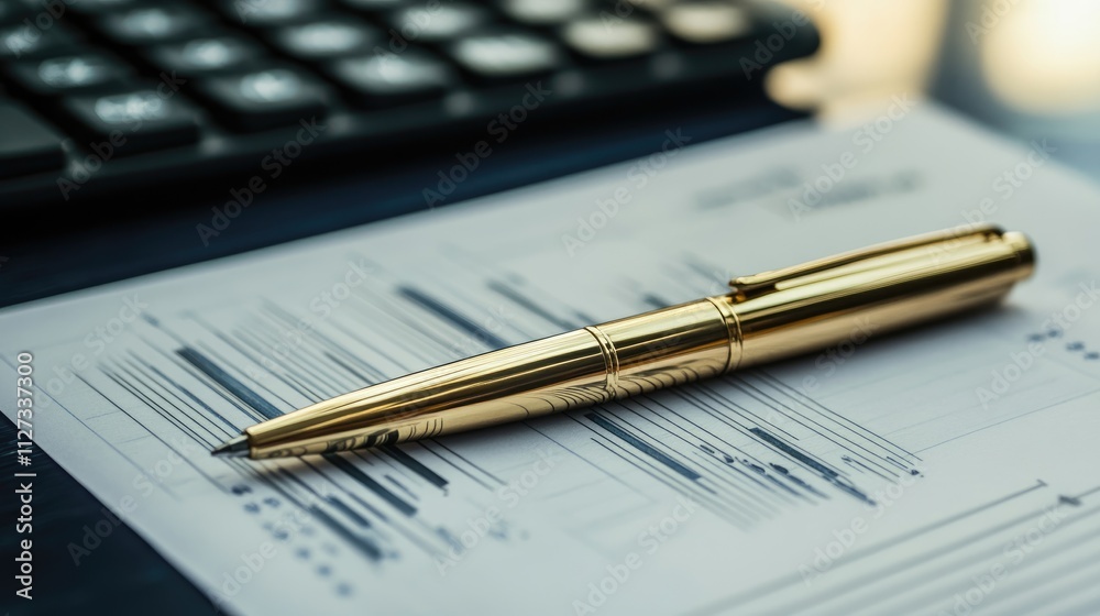 Financial analysis tools with pen and calculator on investment report featuring stock exchange graphs and price index data. Financial analysis tools with pen and calculator on investment report featuring stock exchange graphs and price index data.