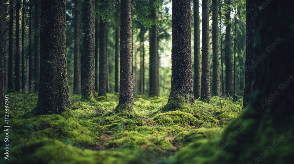 Fototapeta premium Moss covered tree trunks in lush summer forest with dense greenery and natural light filtering through foliage