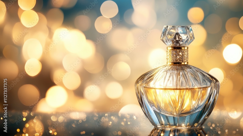 Elegant Oriflame perfume bottle with shimmering bokeh background showcasing luxury and glamour in a sophisticated setting Elegant Oriflame perfume bottle with shimmering bokeh background showcasing luxury and glamour in a sophisticated setting