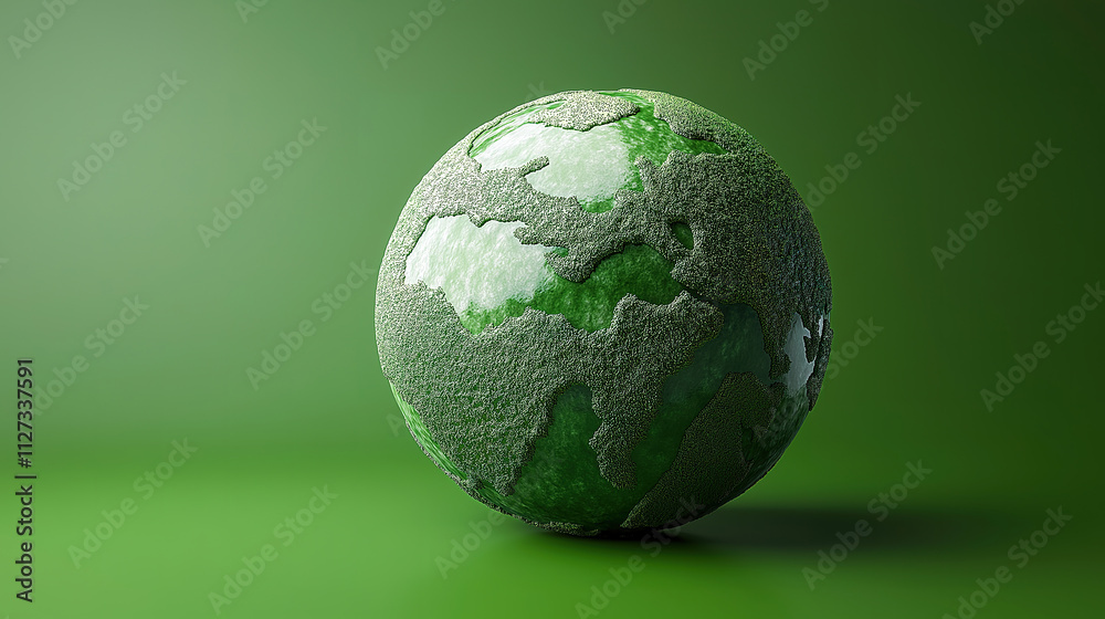 Green Earth Globe, Sustainable Concept. A 3D model of a stylized Earth globe, rendered in vibrant green, with a textured, grassy surface. Green Earth Globe, Sustainable Concept. A 3D model of a stylized Earth globe, rendered in vibrant green, with a textured, grassy surface.