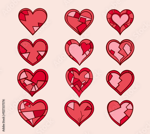 Colorful geometric red hearts icon set. Creative cracked hearts shapes for Valentine's Day design, stickers.