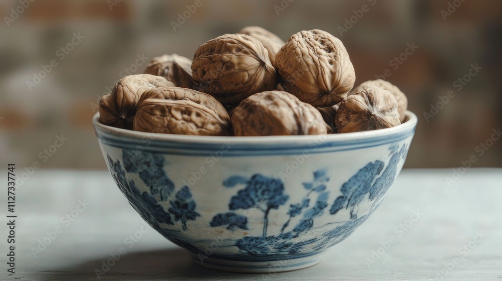 Ceramic bowl filled with whole walnuts showcasing rustic charm and natural textures for culinary and lifestyle imagery Ceramic bowl filled with whole walnuts showcasing rustic charm and natural textures for culinary and lifestyle imagery