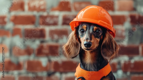 Dachshund in an orange construction helmet posing against a brick wall background showcasing a playful and unique work-themed concept photo