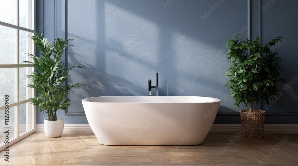 Fototapeta premium Elegant modern bathroom design featuring a freestanding tub, wood flooring, and stylish plants in a serene setting.