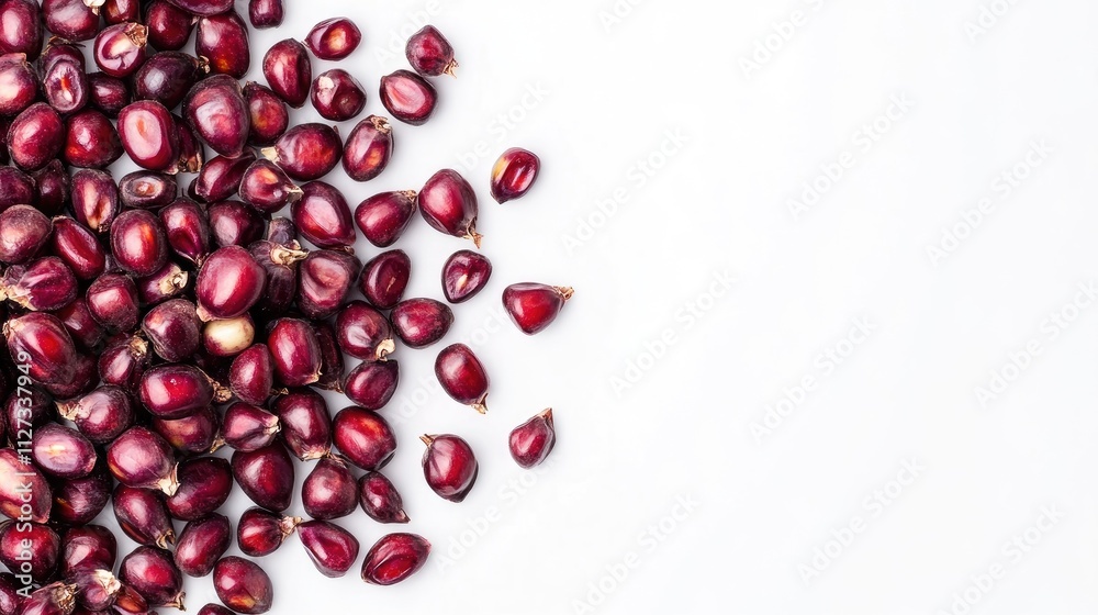 Purple corn kernels scattered on a clean white background showcasing their vibrant color and unique texture perfect for food photography. Purple corn kernels scattered on a clean white background showcasing their vibrant color and unique texture perfect for food photography.