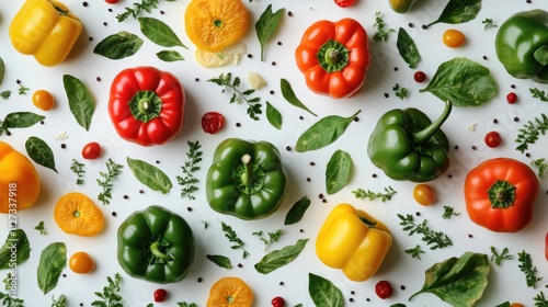 Colorful assortment of bell peppers and fresh herbs on a white background showcasing vibrant greens, yellows, oranges, and reds in a flat lay arrangement