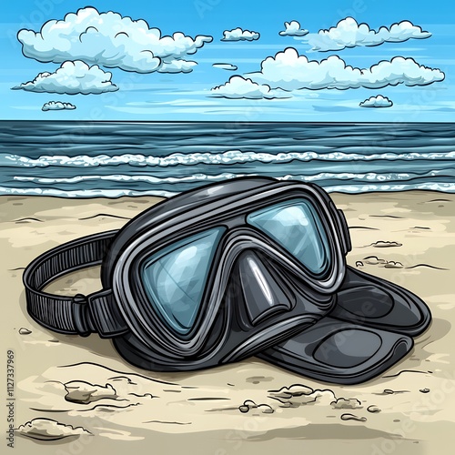 Dive mask and snorkel on sandy beach.