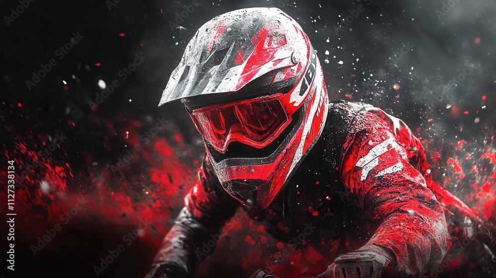 Fototapeta premium Motorcyclist on an extreme track with flying dirt and red particles. Black-and-red gear, adrenaline, speed, and drive. A vivid dynamic racing moment, perfect for extreme sports content