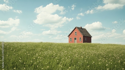 Scenic red house on a lush green field under a bright blue sky with fluffy clouds creating a peaceful rural landscape.