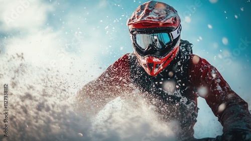 Extreme motorcyclist on a red bike conquers snowy mountains. Winter racing, adrenaline, and dynamic motion. Perfect for topics on extreme sports, mountain landscapes, and the freedom of movement