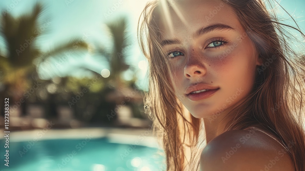Young woman with healthy skin and tanned body by luxury swimming pool embodying travel and vacation freedom in a sunlit outdoor setting