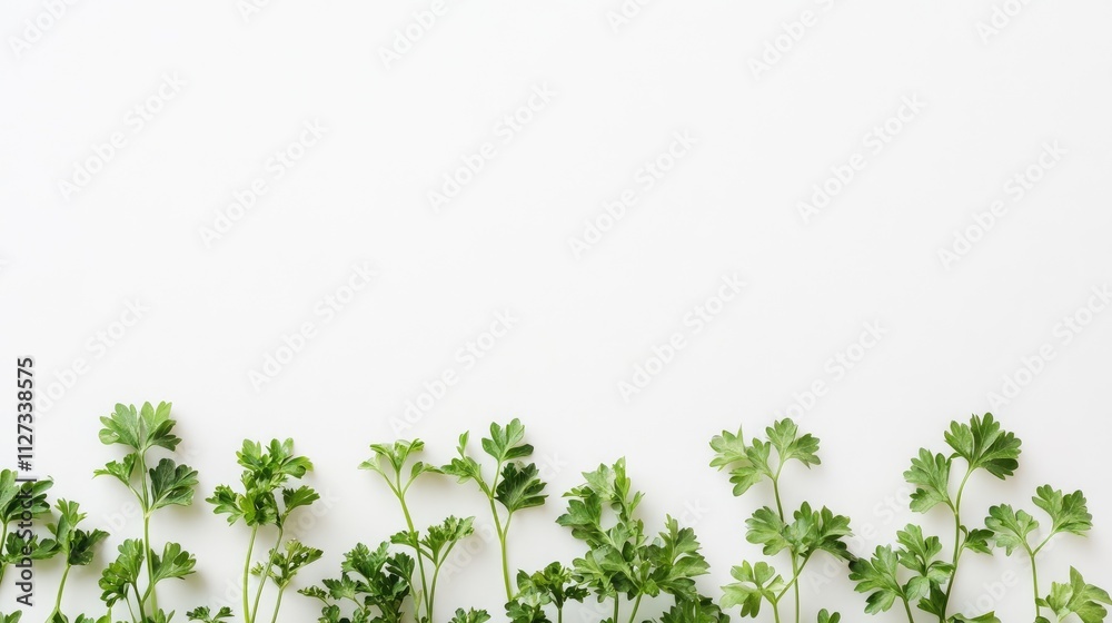 Fresh parsley arranged neatly on a clean white background highlighting its vibrant green color and natural texture for culinary purposes. Fresh parsley arranged neatly on a clean white background highlighting its vibrant green color and natural texture for culinary purposes.