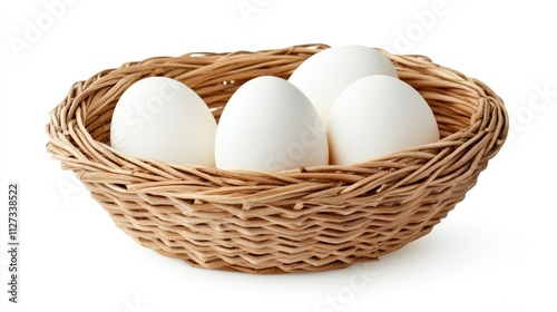 Duck eggs in a woven basket isolated on a white background showcasing organic freshness and natural elements. photo