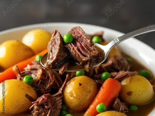 Veal cooked with carrots, peas, potatoes and spices on a plate. Selective focus. photo