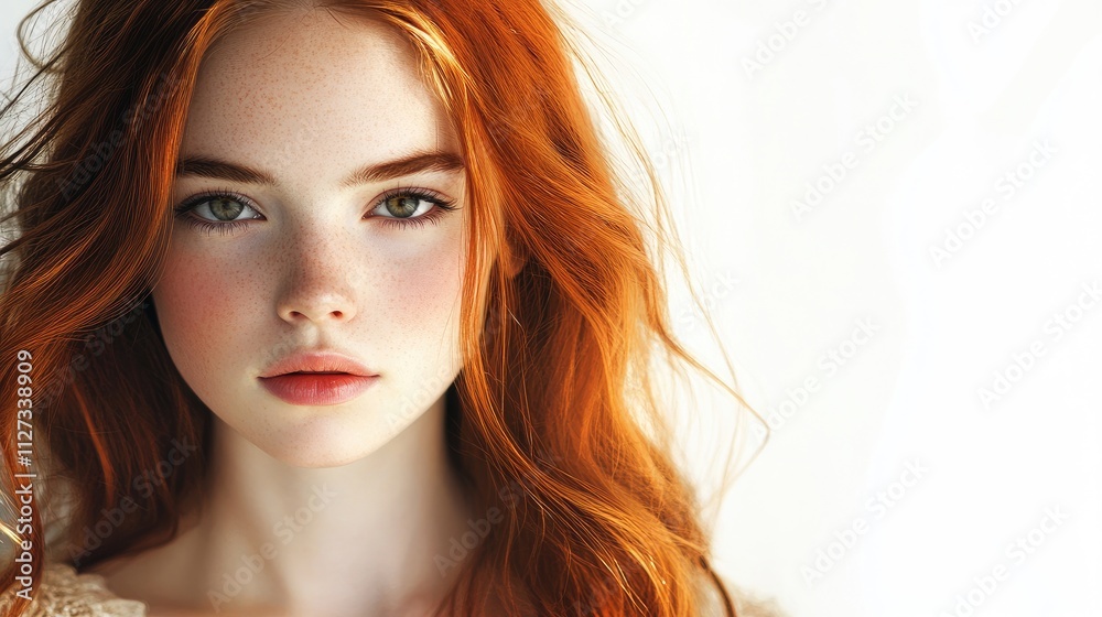 Beautiful young woman with flowing red hair and natural makeup posing gracefully against a soft white background in a portrait setting Beautiful young woman with flowing red hair and natural makeup posing gracefully against a soft white background in a portrait setting