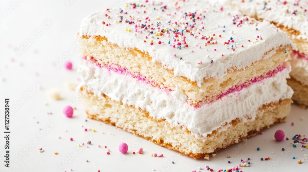 Delicious fluffy puff cake with cream layers and colorful sprinkles on a clean white background enticing sweet dessert lovers Delicious fluffy puff cake with cream layers and colorful sprinkles on a clean white background enticing sweet dessert lovers