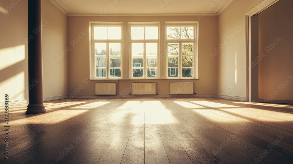 Spacious empty room with large windows and sunlight casting shadows on the wooden floor in a newly built house interior