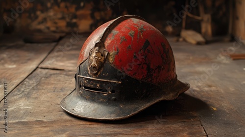 Vintage Soviet firemen helmet from the 1950s showcasing historical design and rich patina in a rustic setting. photo