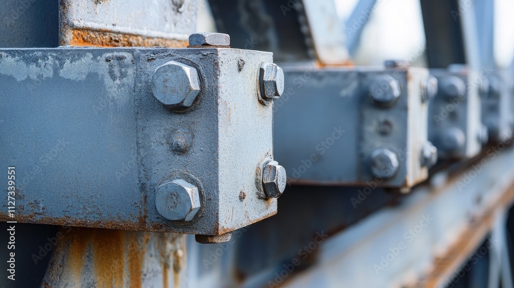 Close up of metal bridge components showcasing bolts and nuts securing a reinforced concrete base for railway or automobile infrastructure Close up of metal bridge components showcasing bolts and nuts securing a reinforced concrete base for railway or automobile infrastructure
