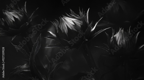 Musk thistle flower in monochrome highlighting dramatic textures and shapes against a dark background for artistic nature imagery