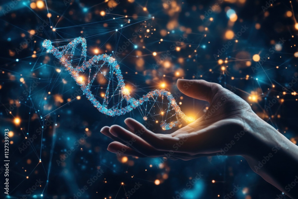 Hand Reaching for Glowing DNA Helix in Space Hand Reaching for Glowing DNA Helix in Space