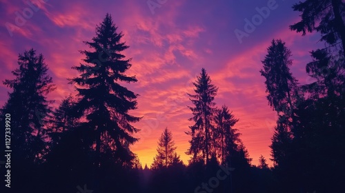 Stunning twilight landscape with vibrant colored sky and silhouette of tall pine trees in serene natural setting