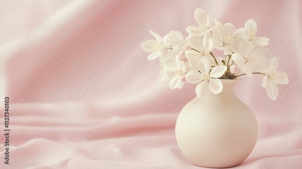 Beige ceramic vase with white flowers on soft pink background Scandinavian home decor concept floral arrangement with copy space Beige ceramic vase with white flowers on soft pink background Scandinavian home decor concept floral arrangement with copy space
