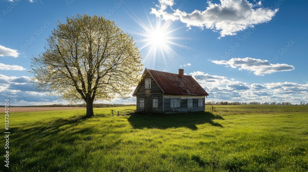 Charming old farmhouse surrounded by lush green grass under a bright spring sky with vibrant sun and fluffy clouds. Charming old farmhouse surrounded by lush green grass under a bright spring sky with vibrant sun and fluffy clouds.