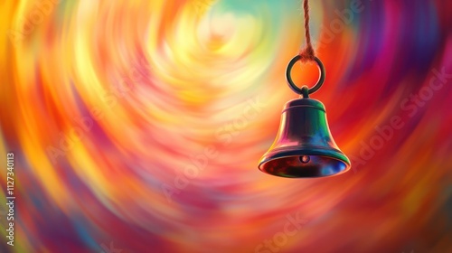 Bell is hanging from a string in a blurry, colorful background. The bell is the main focus of the image, and the background is filled with bright, swirling colors that create a sense of movement