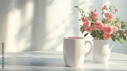 Elegant mug mockup with a fresh bouquet of pink roses on a soft light-filled white table setting