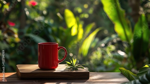 Morning coffee in a garden serene setting featuring a red mug on a wooden board surrounded by lush blurred greenery