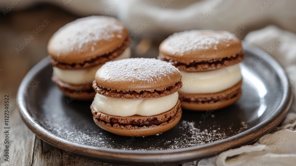 Delicious creamy chocolate macaroons served on a rustic plate with powdered sugar topping for a delightful dessert presentation. Delicious creamy chocolate macaroons served on a rustic plate with powdered sugar topping for a delightful dessert presentation.