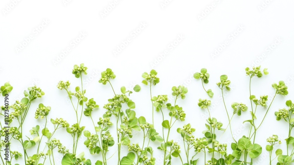 Fresh green buckwheat plant arranged beautifully on a clean white background for a natural and organic aesthetic design. Fresh green buckwheat plant arranged beautifully on a clean white background for a natural and organic aesthetic design.