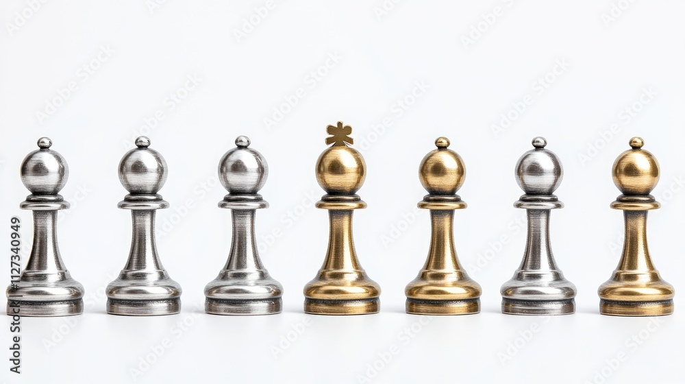 Silver and gold chess pawns lined up isolated on a white background showcasing elegance and strategy in a classic game of chess Silver and gold chess pawns lined up isolated on a white background showcasing elegance and strategy in a classic game of chess